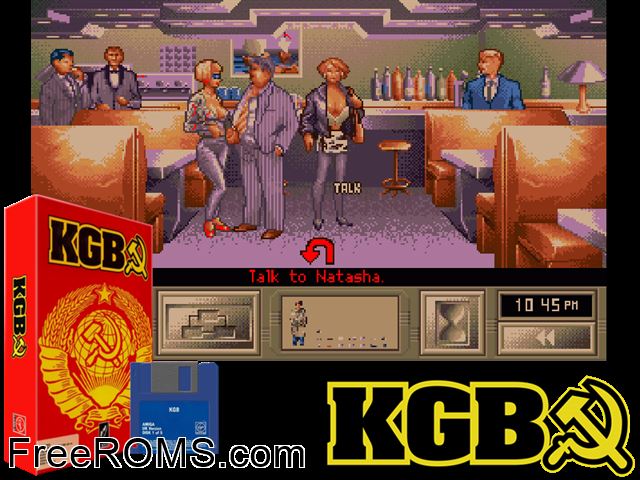 KGB Amiga game showing 3D box cover and gameplay screenshot