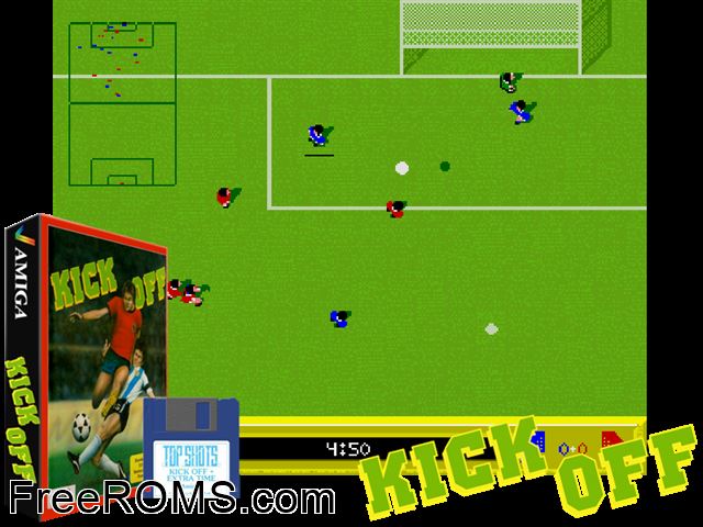 Kick Off Amiga game showing 3D box cover and gameplay screenshot