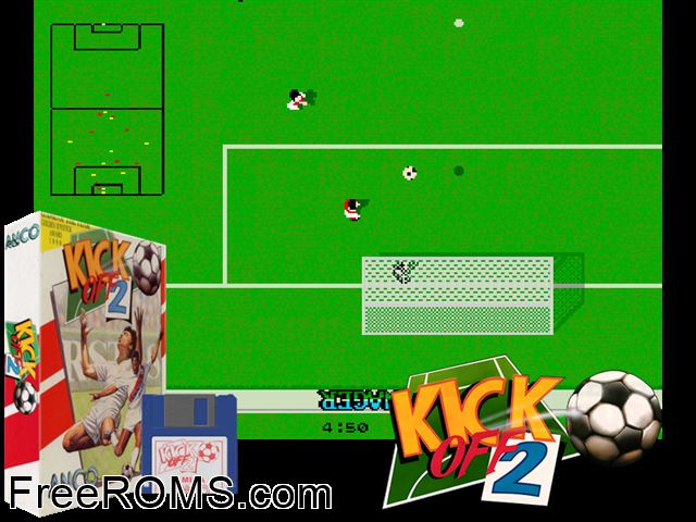 Kick Off 2 Amiga game showing 3D box cover and gameplay screenshot