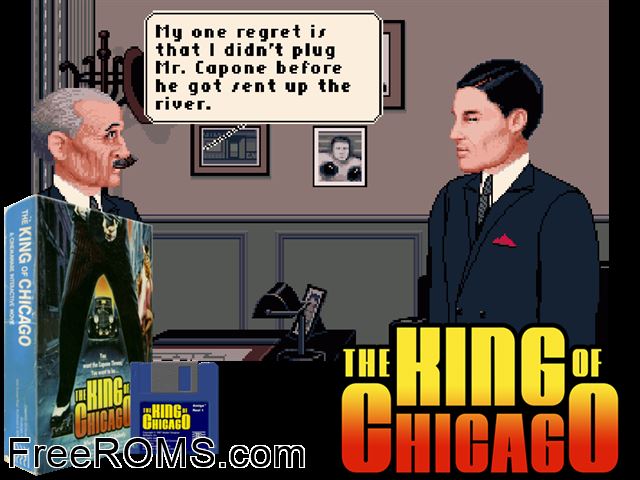 King of Chicago Amiga game showing 3D box cover and gameplay screenshot