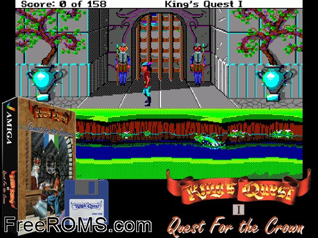 Kings Quest Amiga game showing 3D box cover and gameplay screenshot