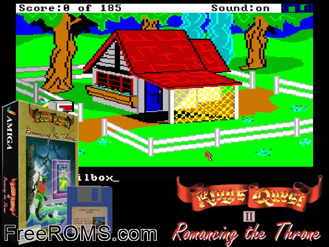 Kings Quest 2 Amiga game showing 3D box cover and gameplay screenshot