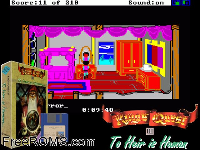 Kings Quest 3 Amiga game showing 3D box cover and gameplay screenshot