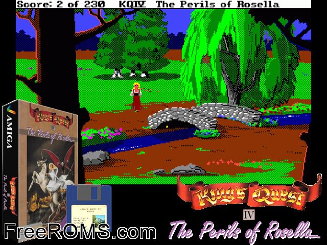 Kings Quest 4 Amiga game showing 3D box cover and gameplay screenshot