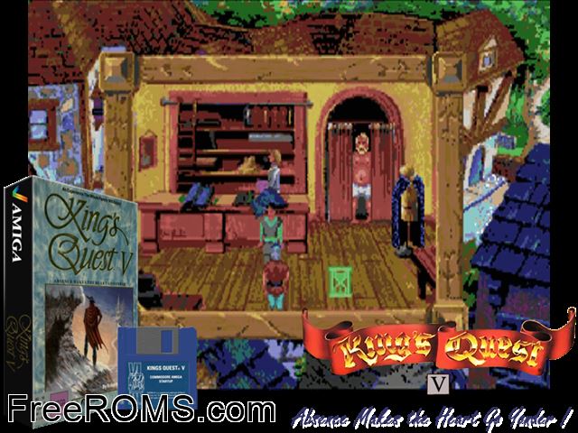 Kings Quest 5 Amiga game showing 3D box cover and gameplay screenshot