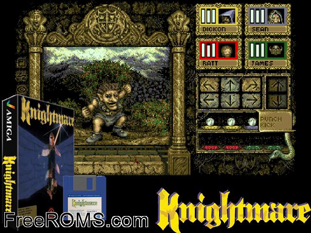 Knightmare Amiga game showing 3D box cover and gameplay screenshot