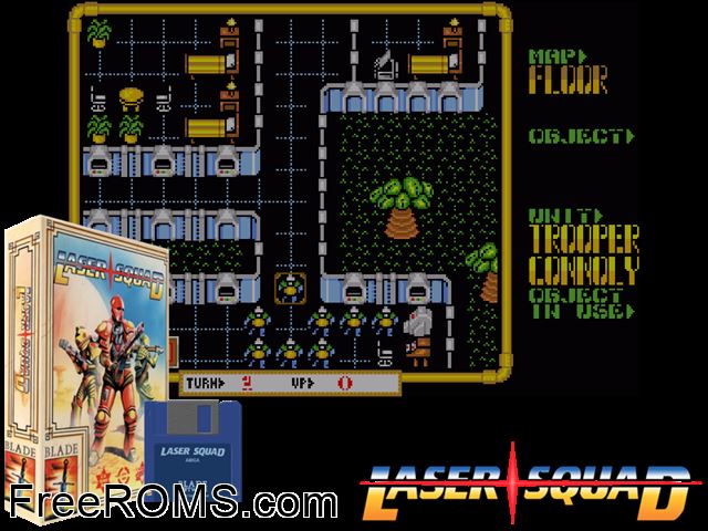 Laser Squad Amiga game showing 3D box cover and gameplay screenshot