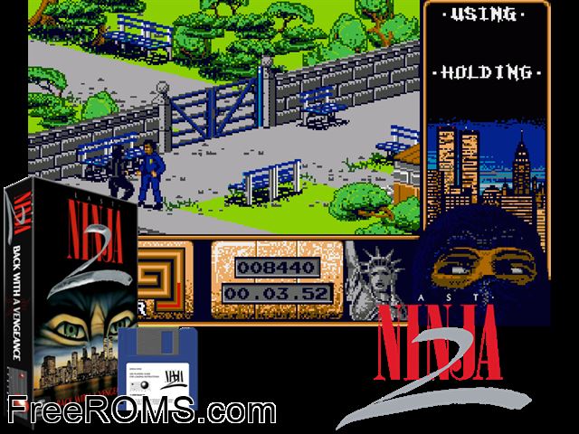 Last Ninja 2 Amiga game showing 3D box cover and gameplay screenshot
