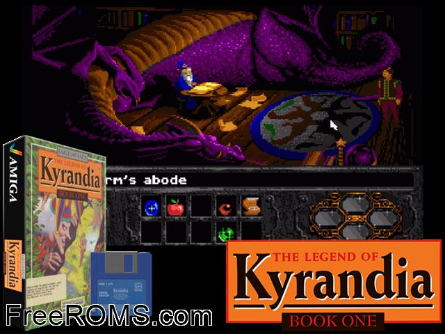 Legend Kyrandia Amiga game showing 3D box cover and gameplay screenshot