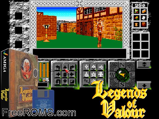 Legends Of Valour Amiga game showing 3D box cover and gameplay screenshot