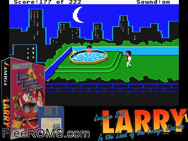 Leisure Suit Larry 1 Amiga game showing 3D box cover and gameplay screenshot