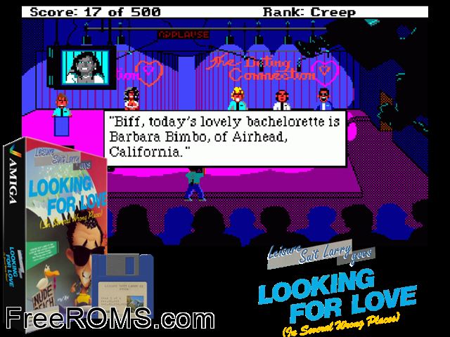 Leisure Suit Larry 2 Amiga game showing 3D box cover and gameplay screenshot