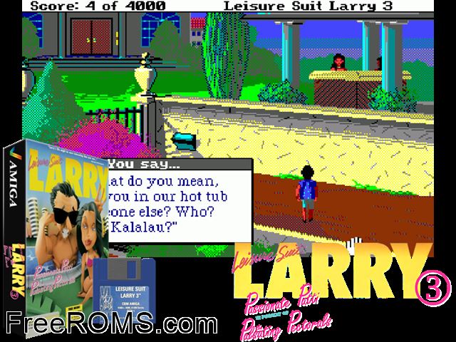 Leisure Suit Larry 3 Amiga game showing 3D box cover and gameplay screenshot