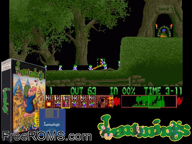 Lemmings Amiga game showing 3D box cover and gameplay screenshot