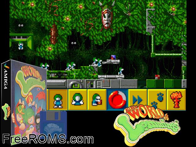 Lemmings 3 AGA Amiga game showing 3D box cover and gameplay screenshot