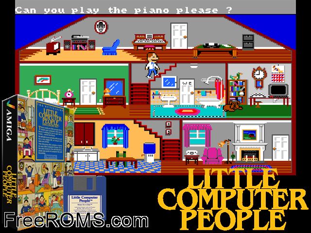 Little Comp People Amiga game showing 3D box cover and gameplay screenshot
