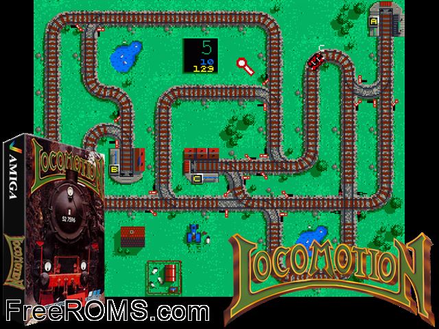 Locomotion Amiga game showing 3D box cover and gameplay screenshot