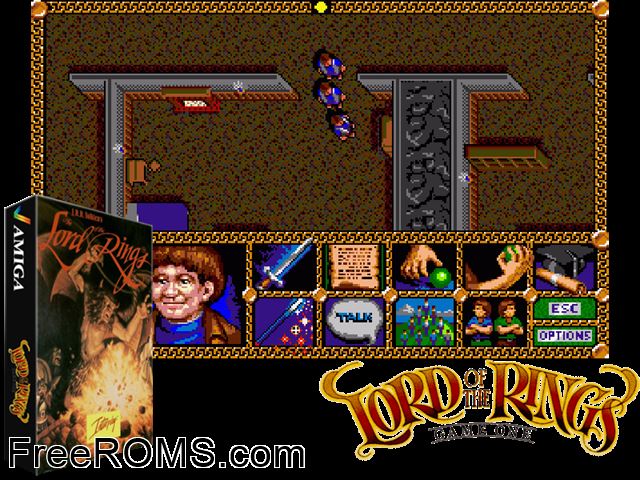 Lord of the Rings Amiga game showing 3D box cover and gameplay screenshot