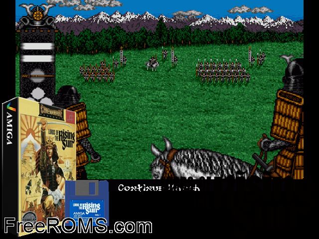 Lords of the Rising Sun Amiga game showing 3D box cover and gameplay screenshot