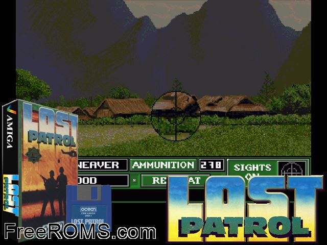 Lost Patrol Amiga game showing 3D box cover and gameplay screenshot