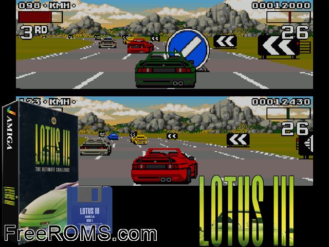 Lotus Turbo Sprit 3 Amiga game showing 3D box cover and gameplay screenshot