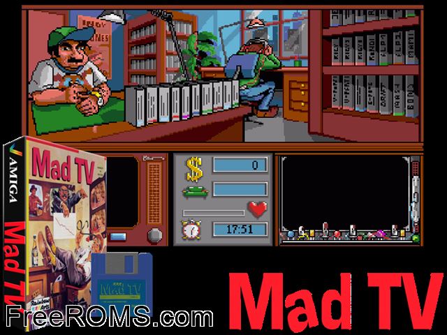 Mad TV Amiga game showing 3D box cover and gameplay screenshot