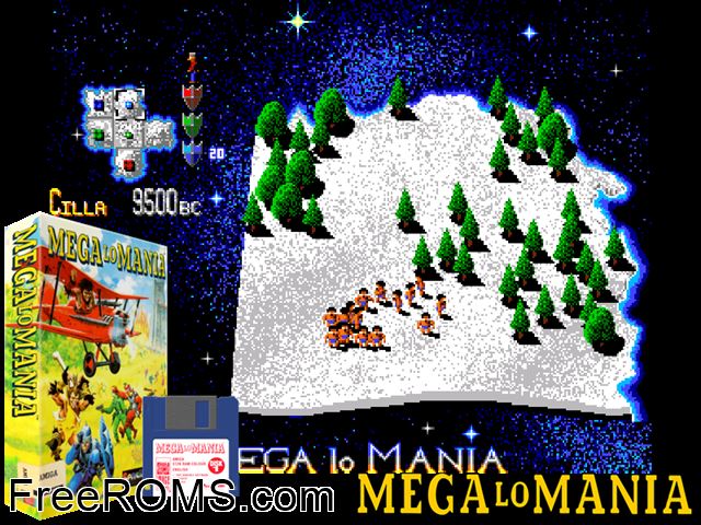 Mega Lo Mania Amiga game showing 3D box cover and gameplay screenshot