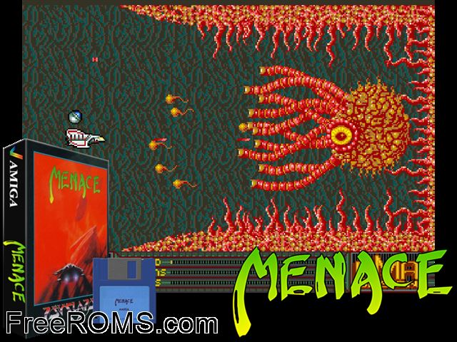 Menace Amiga game showing 3D box cover and gameplay screenshot