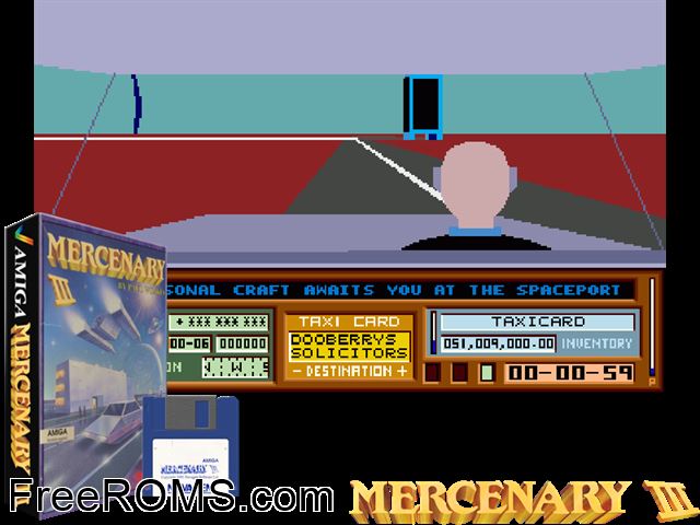 Mercenary 3 Amiga game showing 3D box cover and gameplay screenshot