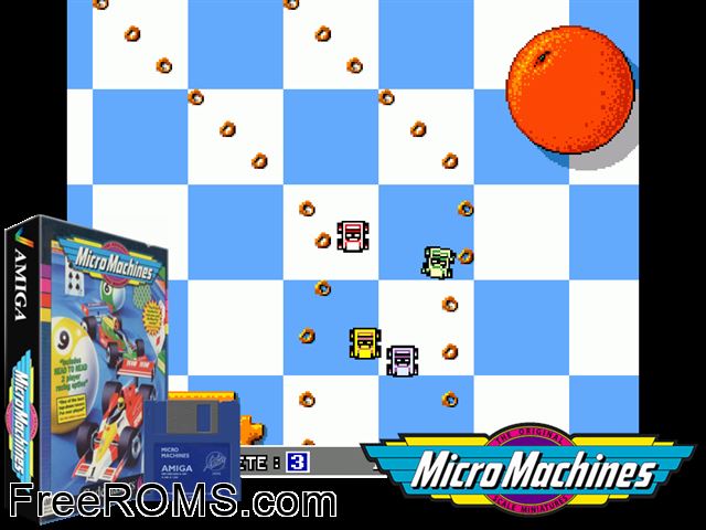 Micro Machines Amiga game showing 3D box cover and gameplay screenshot