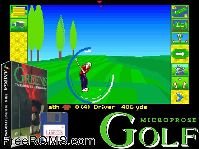 Micro Prose Golf Amiga game showing 3D box cover and gameplay screenshot