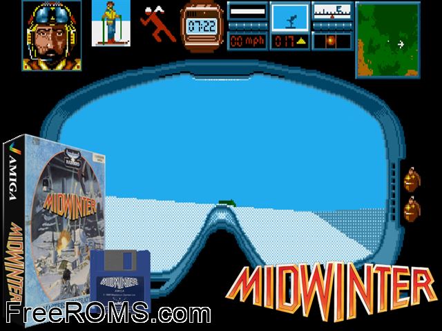 Mid winter Amiga game showing 3D box cover and gameplay screenshot