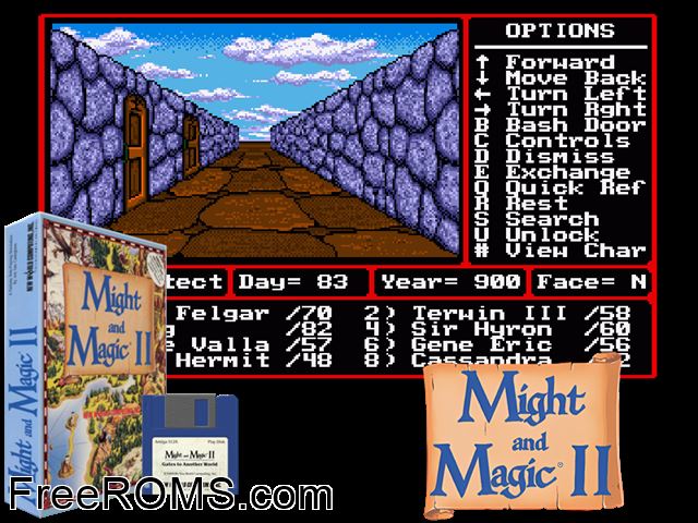 Might Magic 2 Amiga game showing 3D box cover and gameplay screenshot