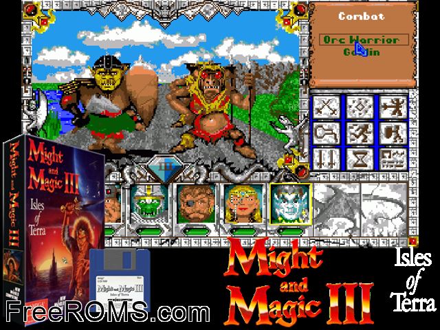 Might Magic 3 Amiga game showing 3D box cover and gameplay screenshot