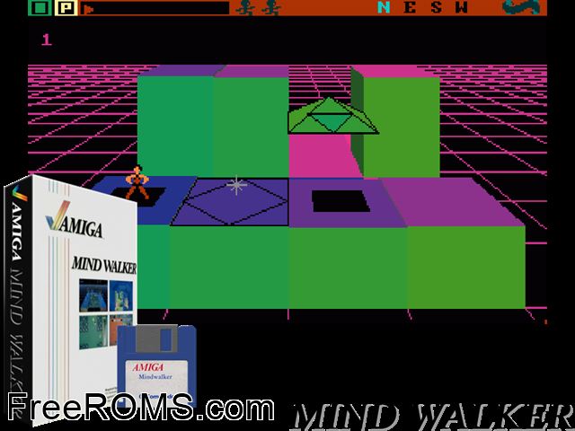 Mind Walker Amiga game showing 3D box cover and gameplay screenshot