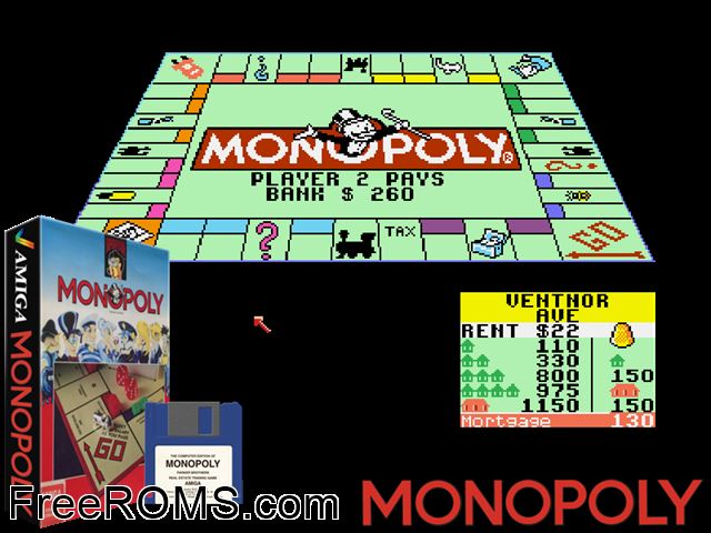 Monopoly Amiga game showing 3D box cover and gameplay screenshot