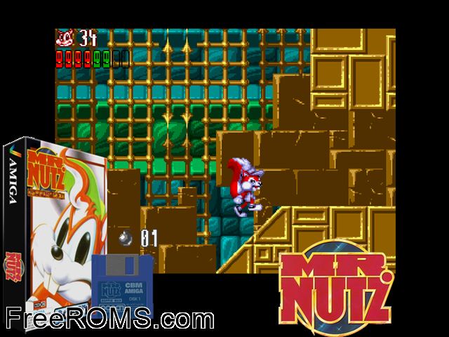 Mr Nutz Amiga game showing 3D box cover and gameplay screenshot