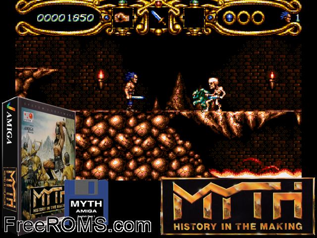 Myth Amiga game showing 3D box cover and gameplay screenshot