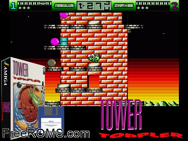 Nebulus Amiga game showing 3D box cover and gameplay screenshot