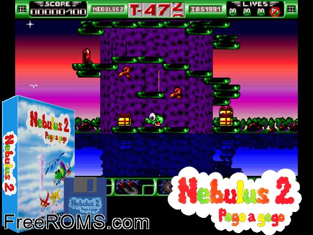 Nebulus 2 Amiga game showing 3D box cover and gameplay screenshot