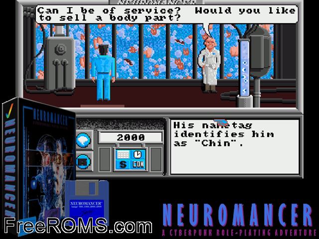 Neuromancer Amiga game showing 3D box cover and gameplay screenshot