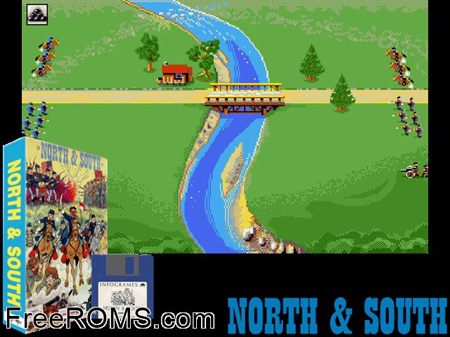 North South Amiga game showing 3D box cover and gameplay screenshot