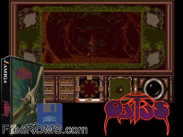 Obitus Amiga game showing 3D box cover and gameplay screenshot
