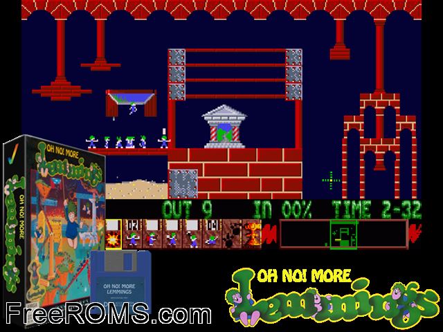 Oh No Lemmings Amiga game showing 3D box cover and gameplay screenshot