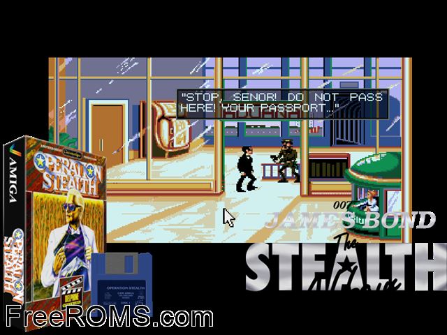 Operation Stealth Amiga game showing 3D box cover and gameplay screenshot