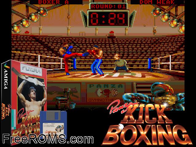 Panza Kick Boxing Amiga game showing 3D box cover and gameplay screenshot