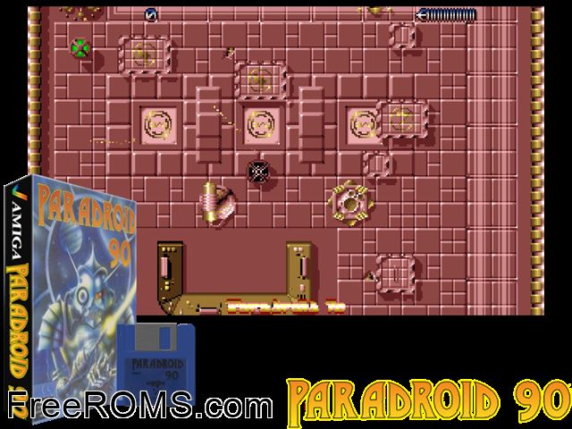 Paradroid 90 Amiga game showing 3D box cover and gameplay screenshot