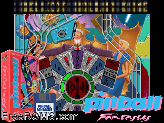 Pinball Fantasies Amiga game showing 3D box cover and gameplay screenshot