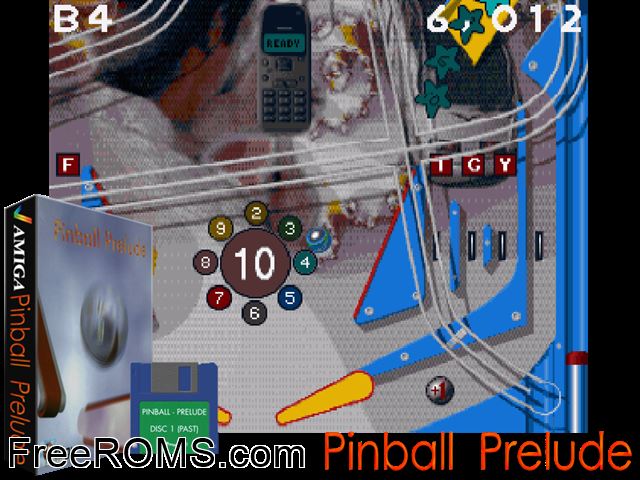 Pinball Prelude Amiga game showing 3D box cover and gameplay screenshot