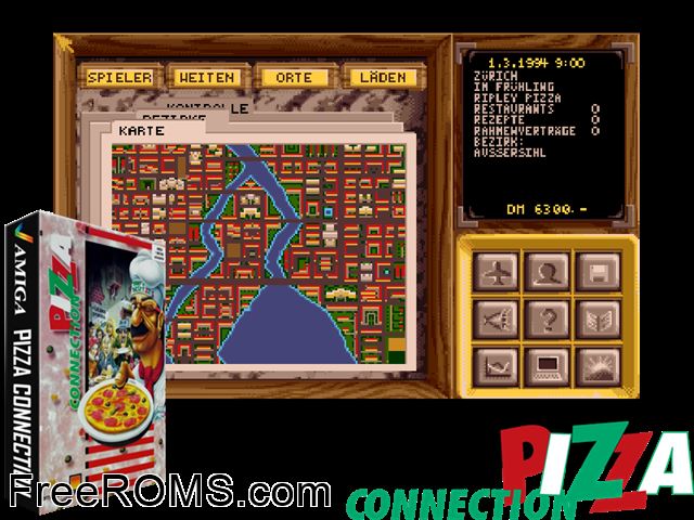 Pizza Connection Amiga game showing 3D box cover and gameplay screenshot